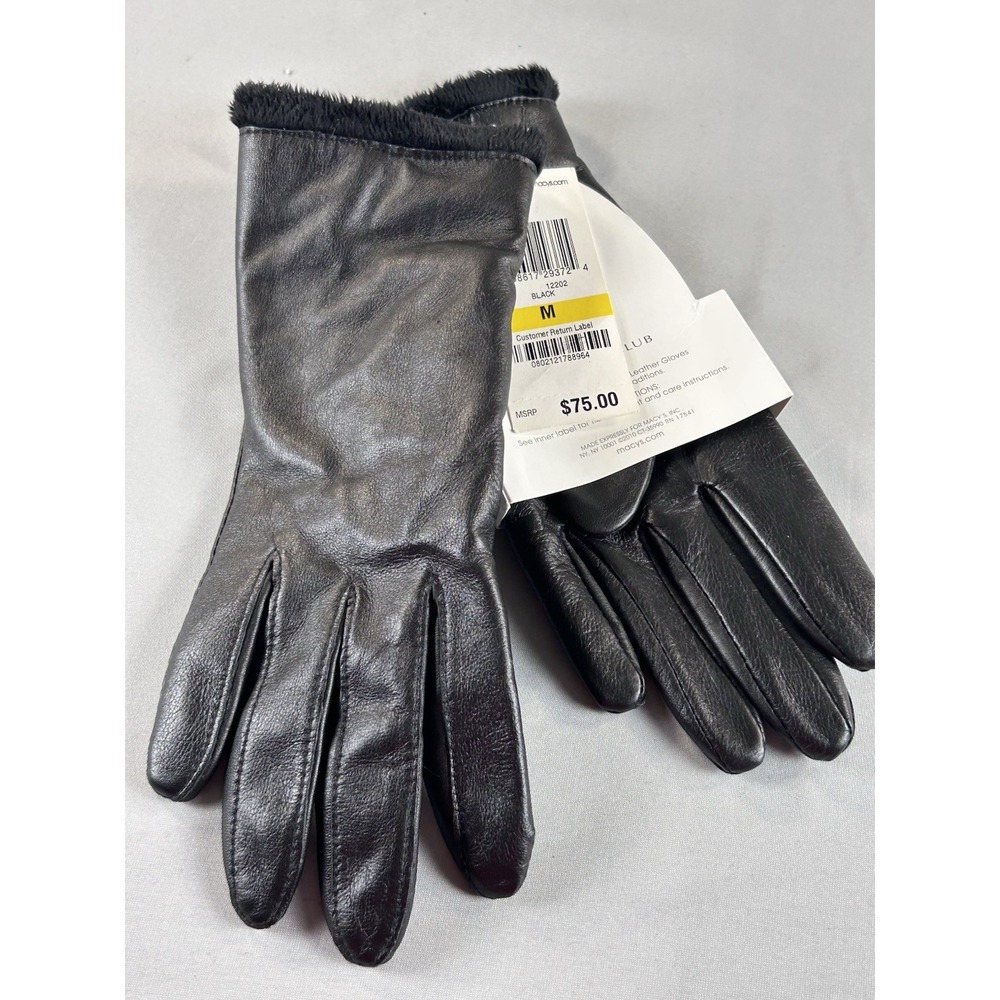 Charter Club Black Leather Gloves Women's Medium Faux Fur Lined Soft Winter NWT